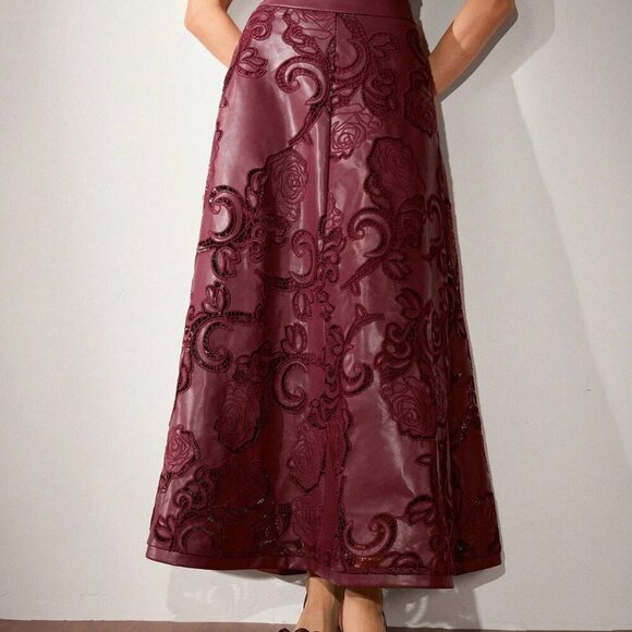Burgundy Elegant Women's Faux Leather Embroidered High Waist A-Line maxi Skirt - Picture 7 of 7